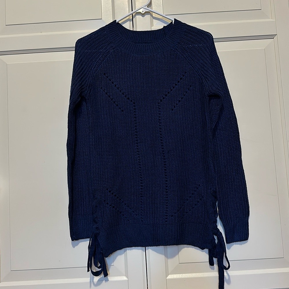 WORN ONCE Navy women’s sweater with lace up detailing